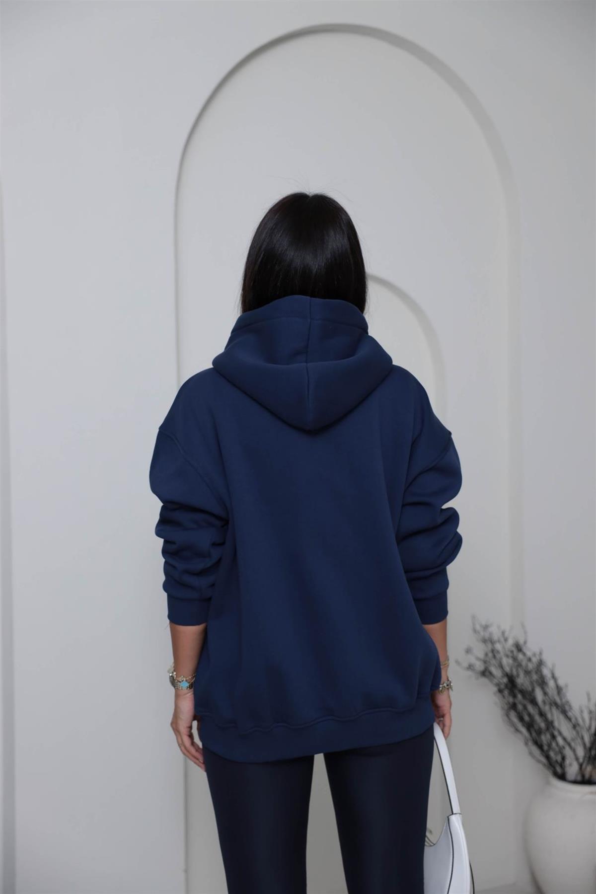 1003 3 İplik Şardonlu Kapşonlu Fermuarlı Ceket LACİVERT