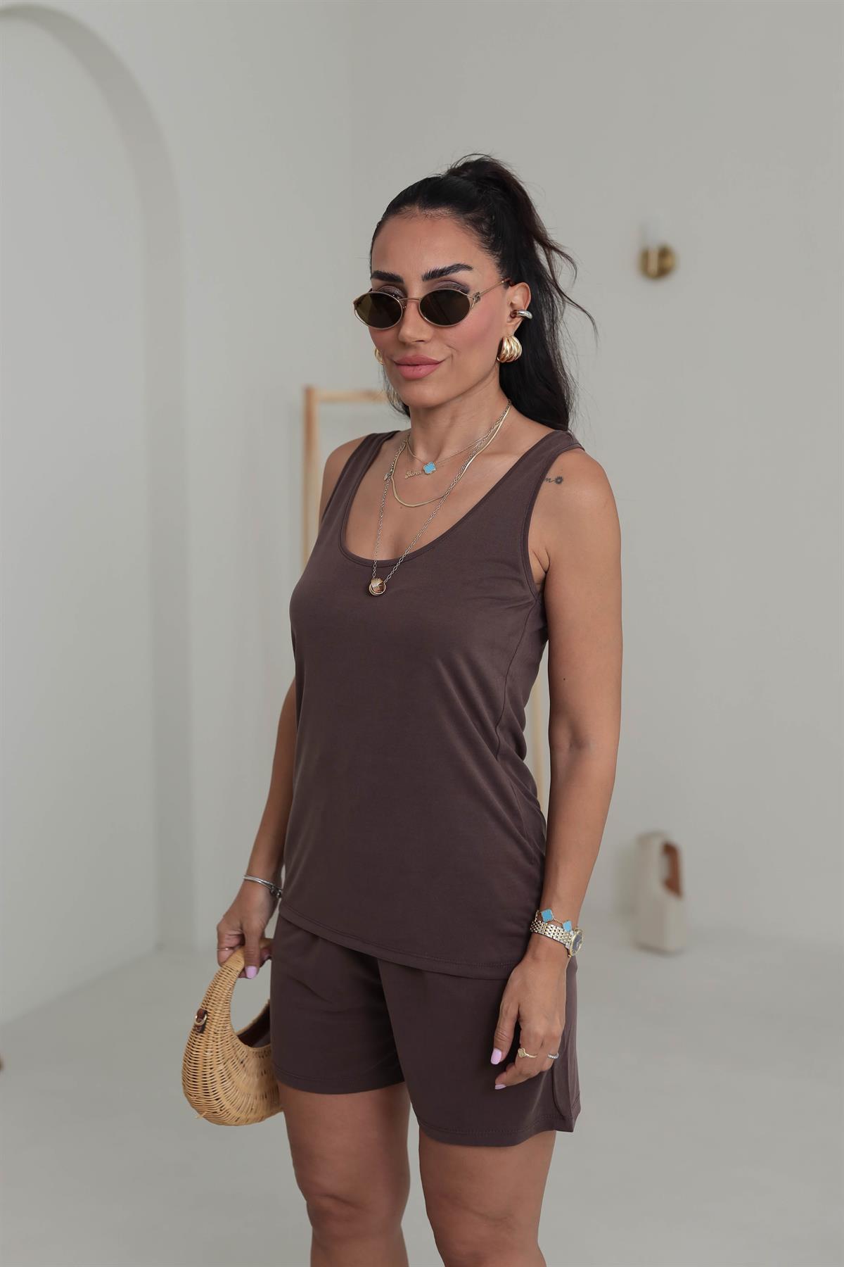 Kalın Askılı Şortlu Modal Takım KAHVE