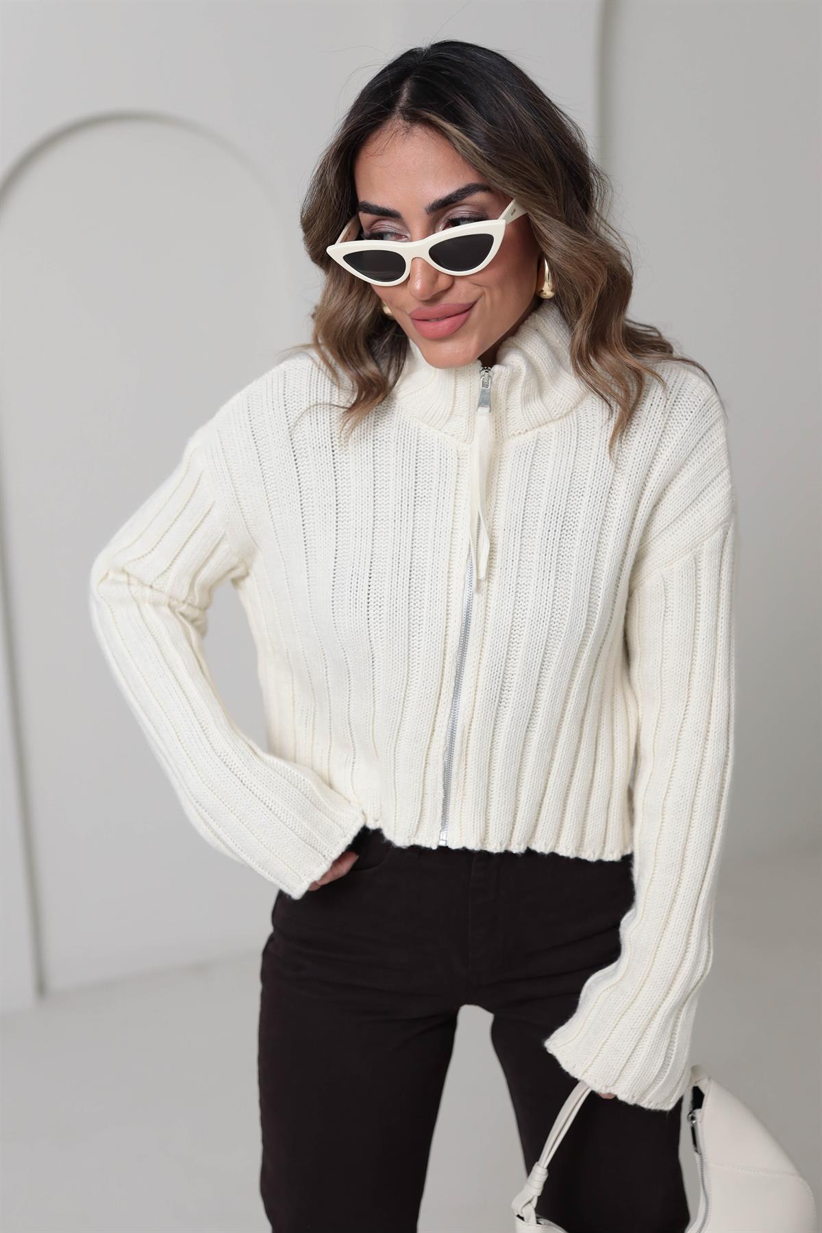 4370 Fitilli Ve Fermuarlı Hırka KREM