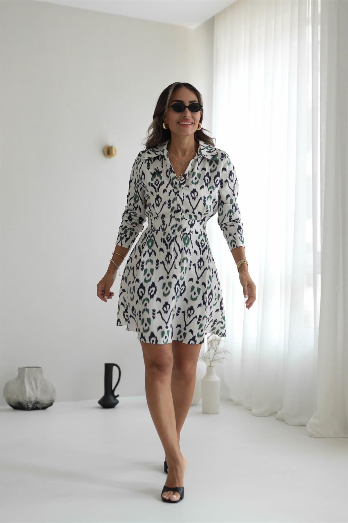 0587 Bel Lastikli Gömlek Yaka Desenli Elbise