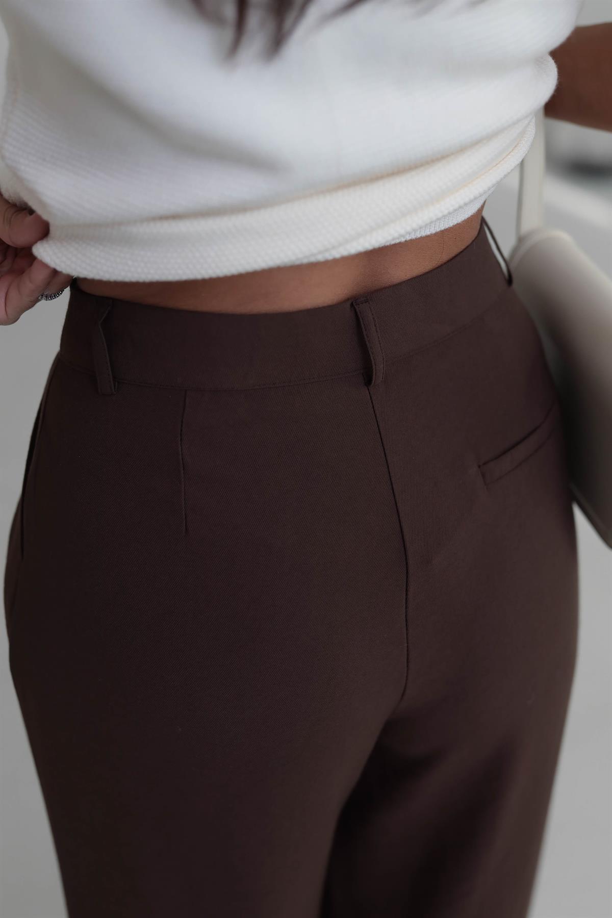 7576 Pileli Bol Paça Pantolon KAHVE