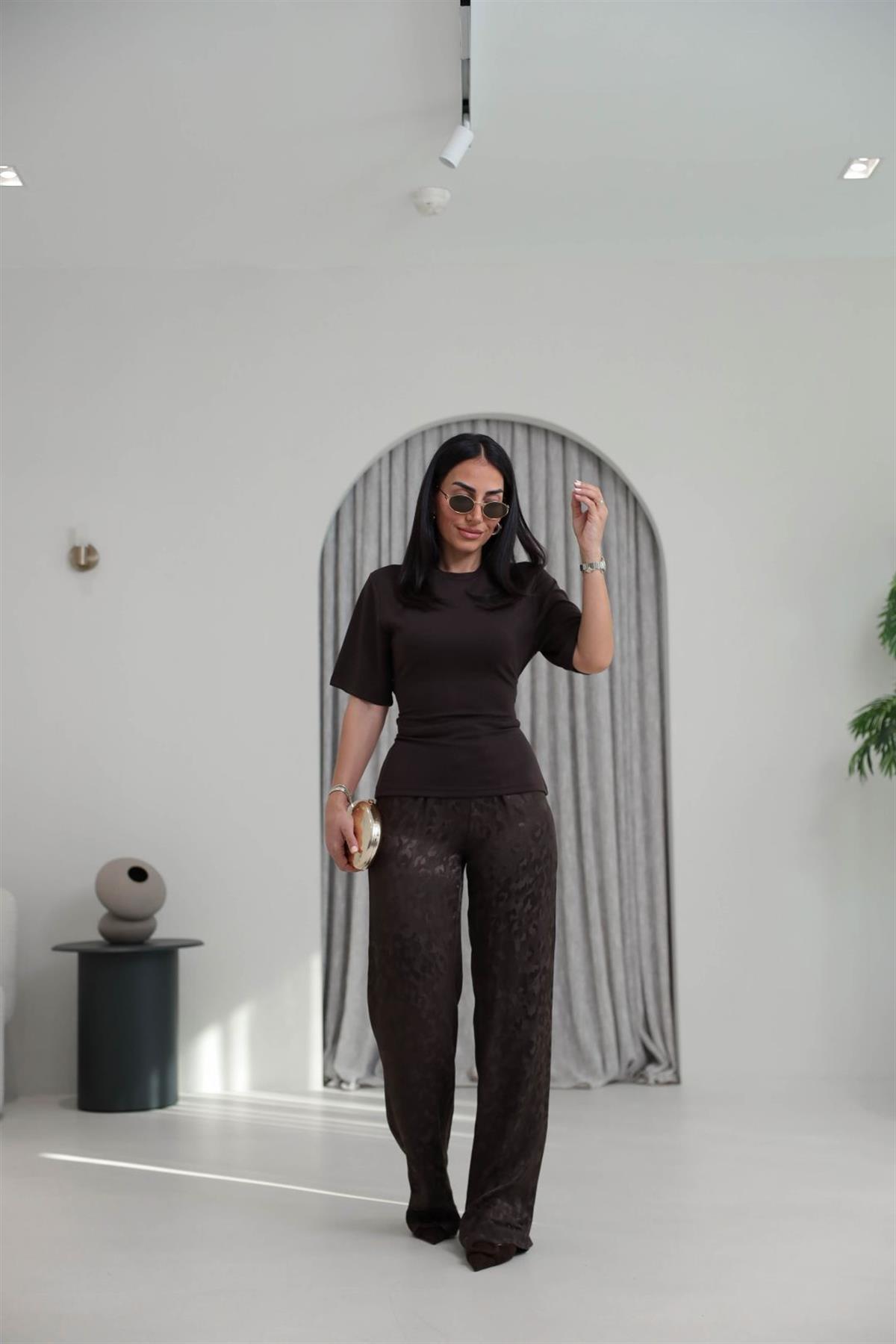 1635Y Leopar Desen Jakarlı Saten Pantolon KAHVE