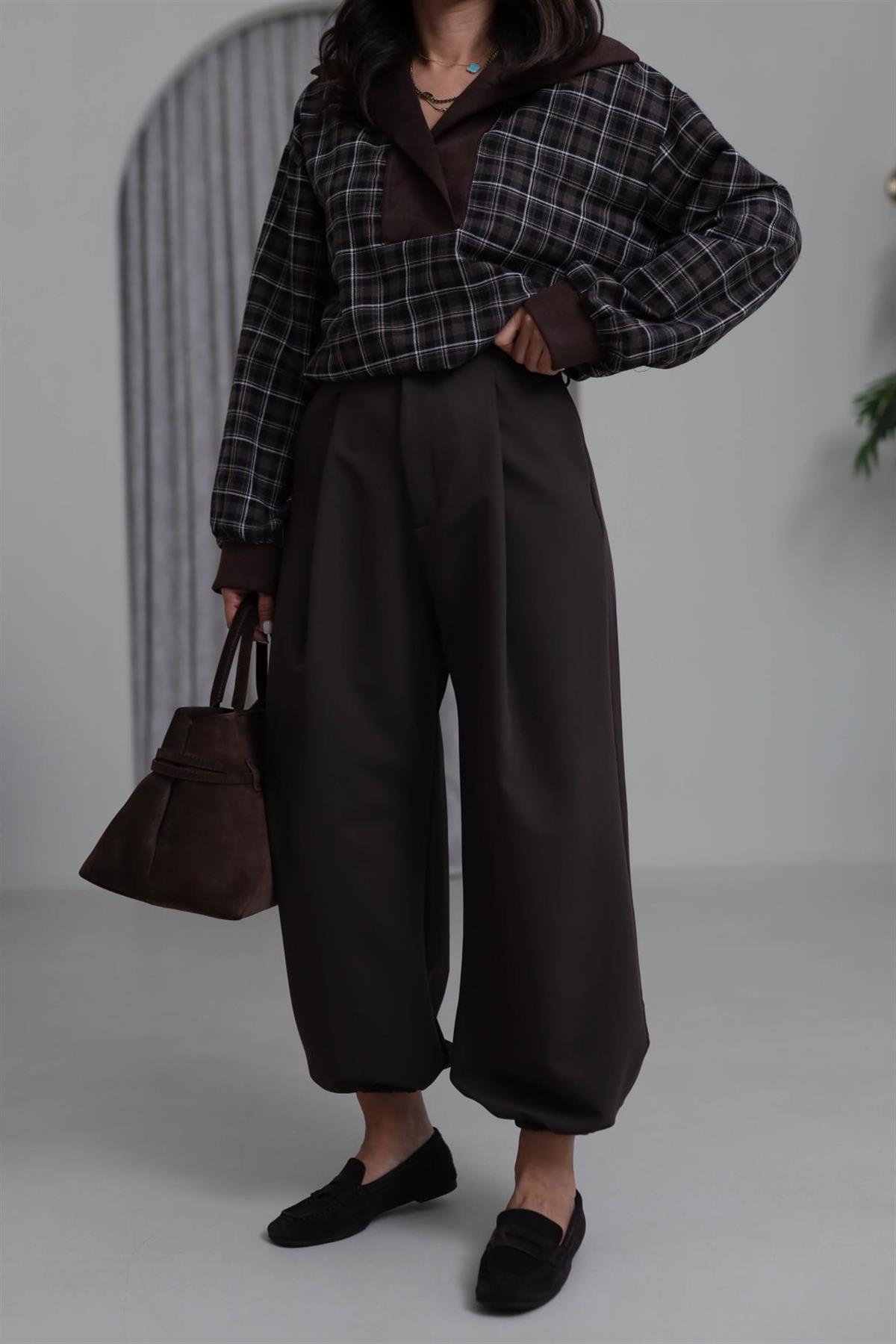 7708 Beli Pensli Paça Lastikli Pantolon ACI KAHVE