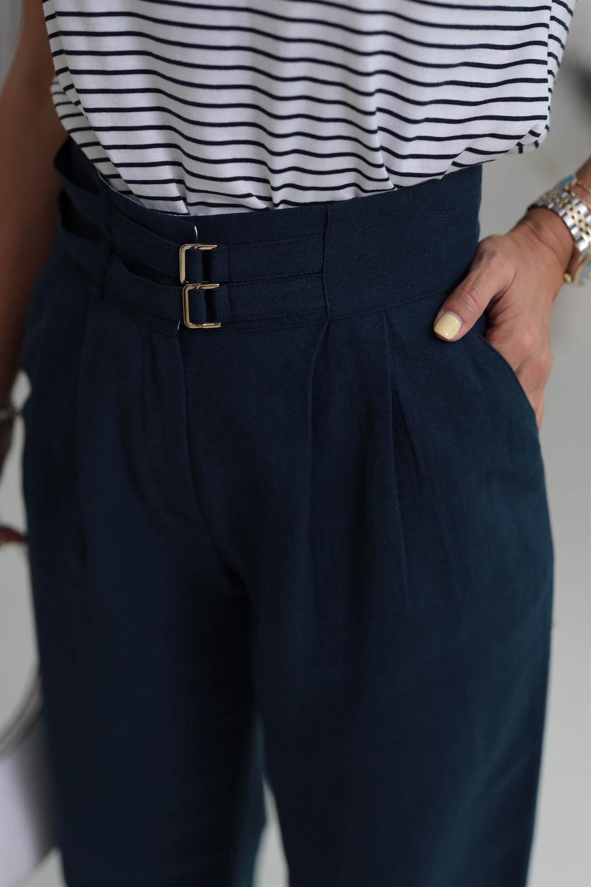 0236 Kemer Aksesuarlı Premium Keten Pantolon LACİVERT