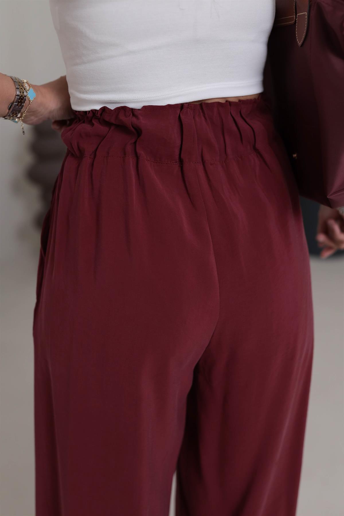 0165 Yüksek Bel Lastikli Bol Paça Tencel  Pantolon BORDO