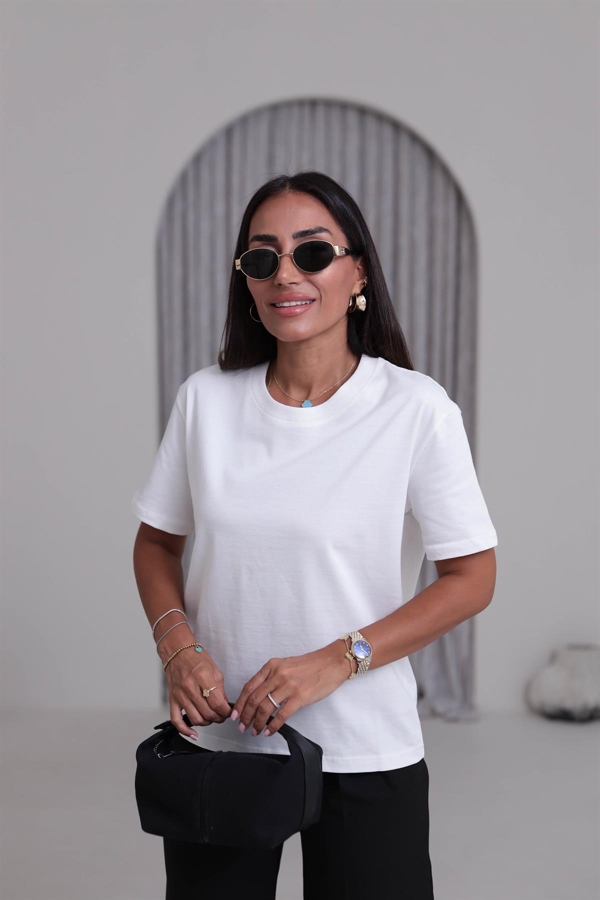 30312 Dekoratif Dikişli Bisiklet Yaka Tshirt EKRU