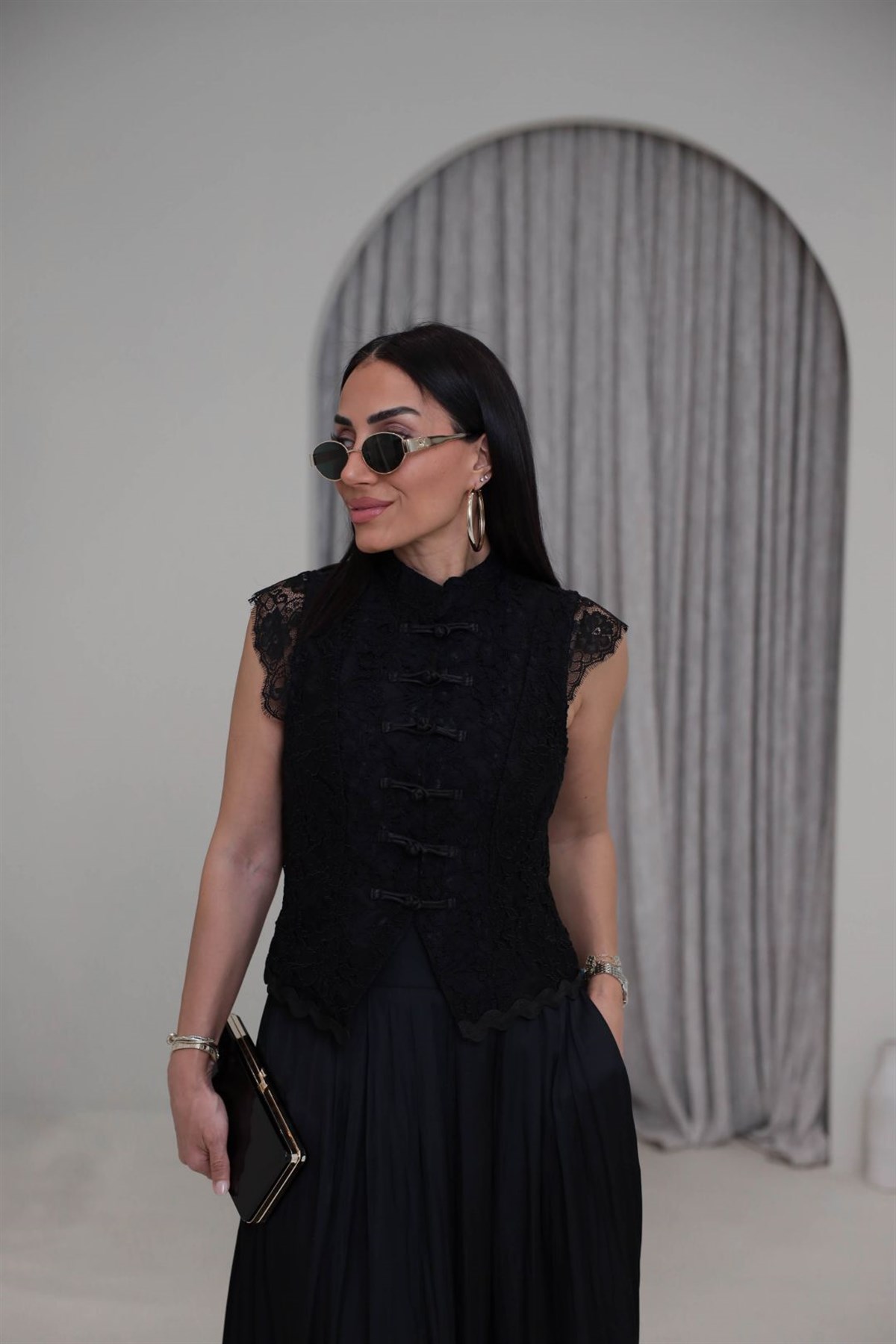 7139 Güpür Detaylı Hakim Yaka Yelek SİYAH