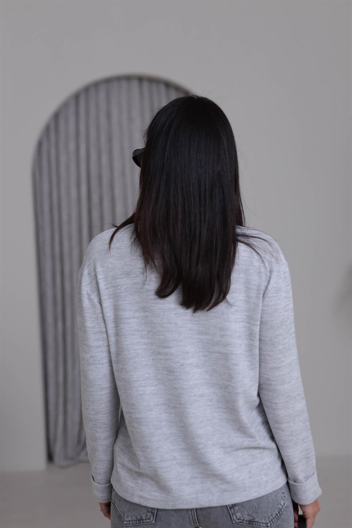 5249 Double Kol Bisiklet Yaka Yumoş Bluz GRİ