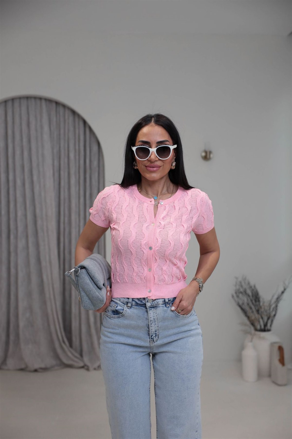 0980 Bisiklet Yaka Dokulu Düğmeli Triko PEMBE