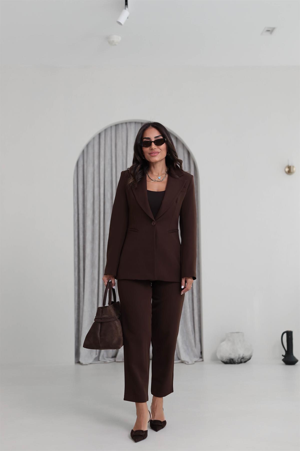 9246 Geniş Gazili Ceket Takım KAHVE