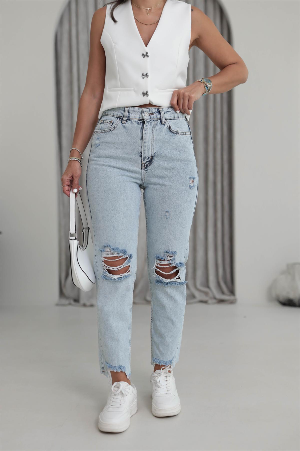 1001 Yırtık Detaylı Mom Jean BUZ MAVİ