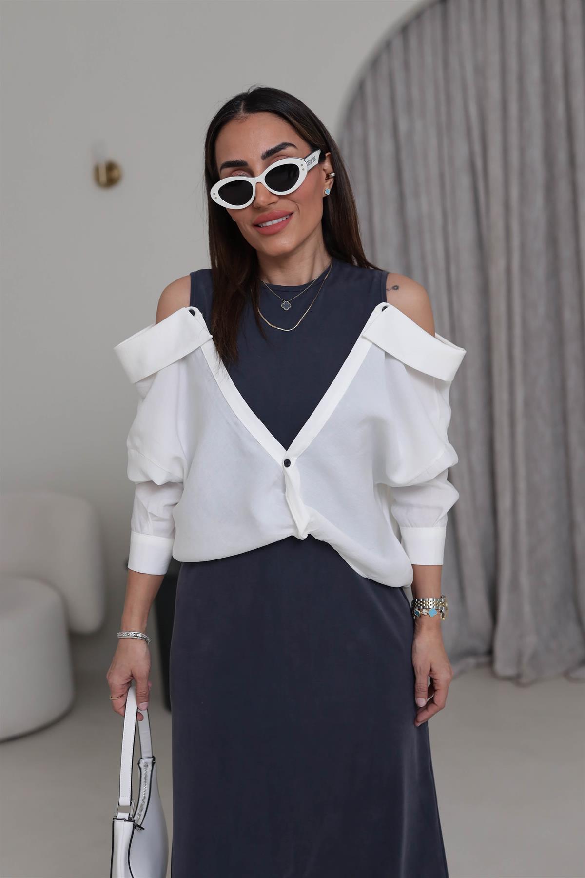 3046 Gömlek Detaylı Premium Elbise ANTRASİT