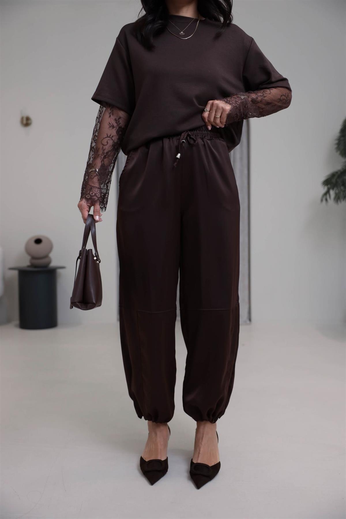 1121 Paça Büzgülü Bel Lastikli Saten Pantolon KAHVE