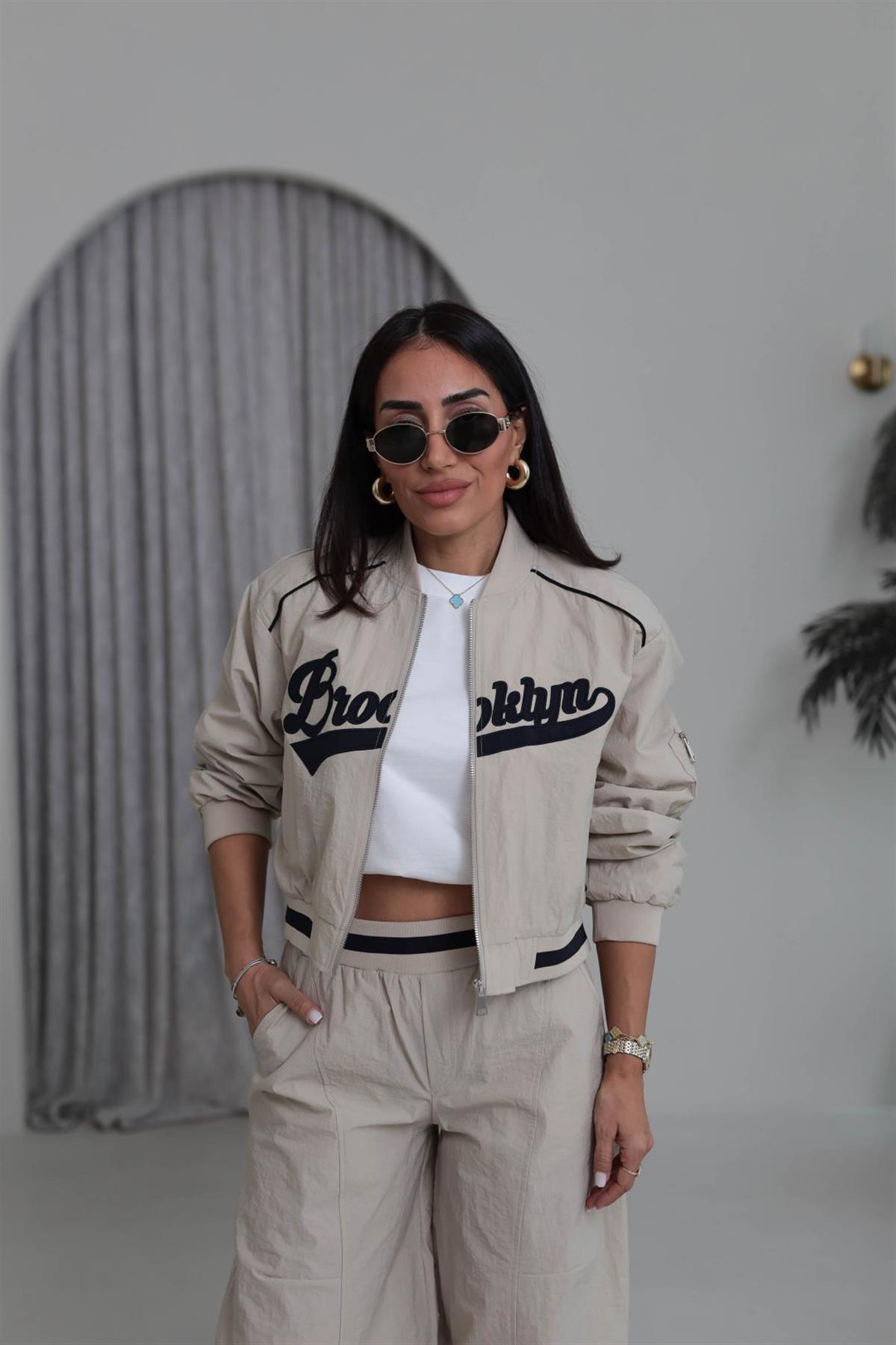 0776 Kol Ribanalı Paraşüt Kumaş Ceket BEJ