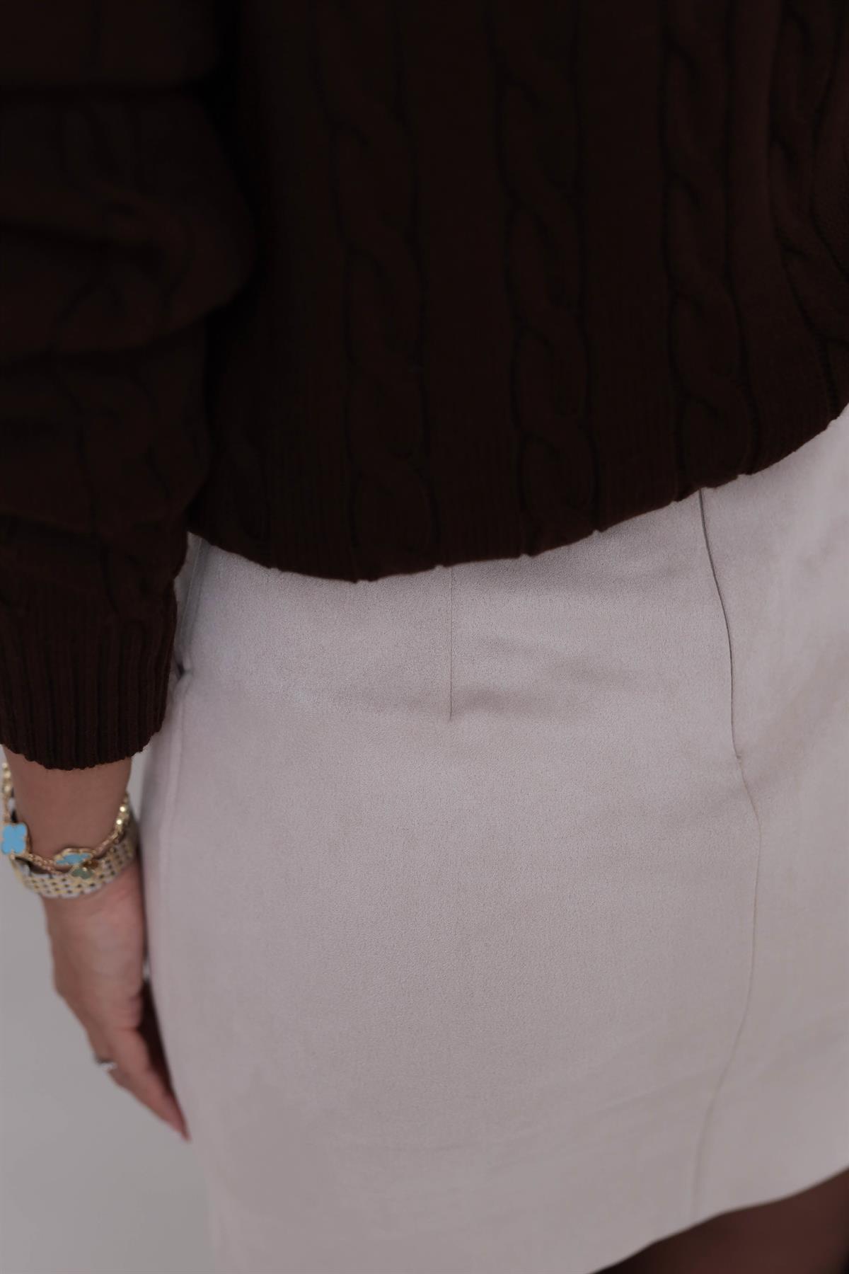 0093 Kemerli Mini Süet Etek TAŞ