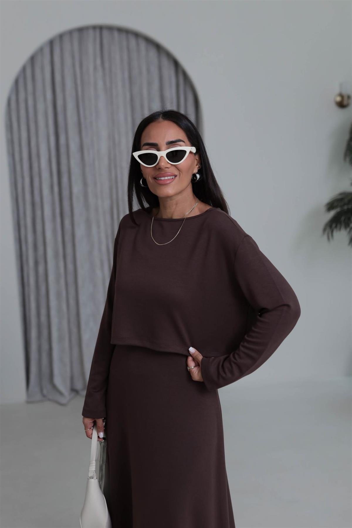 4064 Elbiseli Bluzlu Takım KAHVE