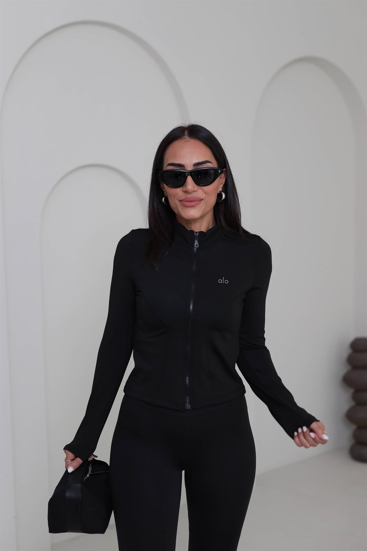 T001 Yazı Baskılı Fermuarlı Spor Ceket SİYAH