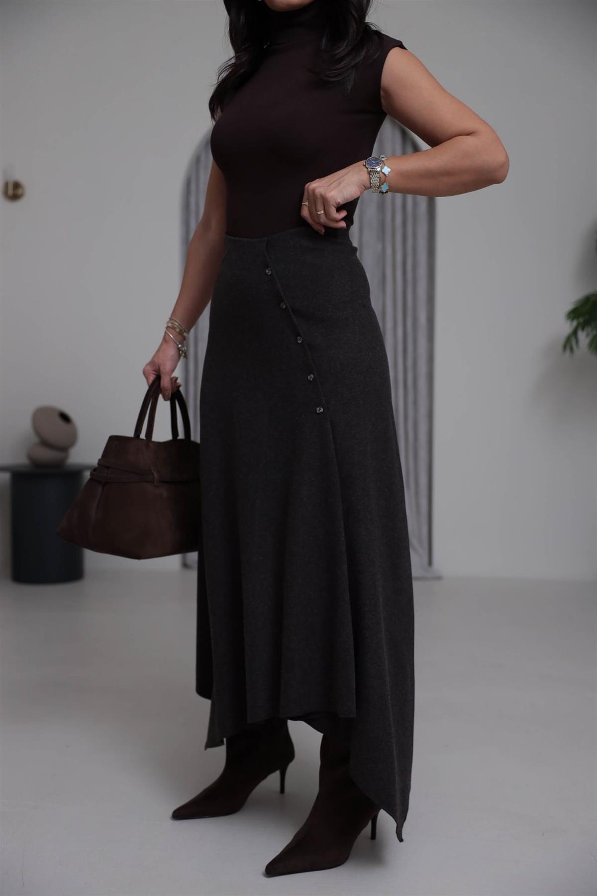 7298 Verev Düğmeli Asimetrik Etek KAHVE
