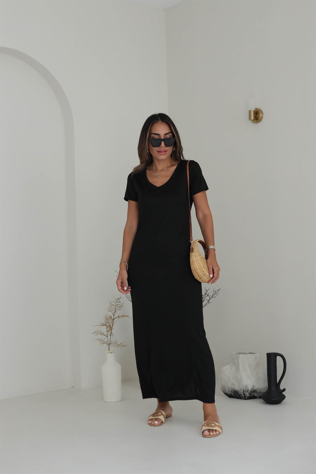 V Yaka Yanları Yırtmaçlı Modal Elbise