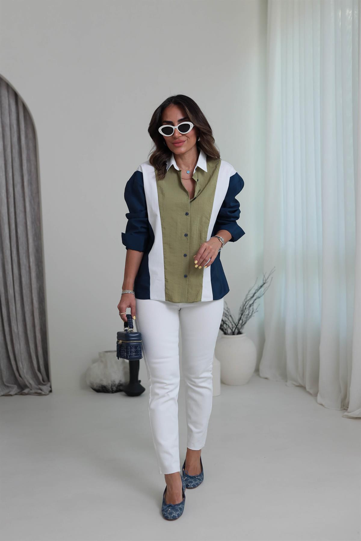 3021 Parçalı Tasarım Gömlek YAĞ YEŞİLİ