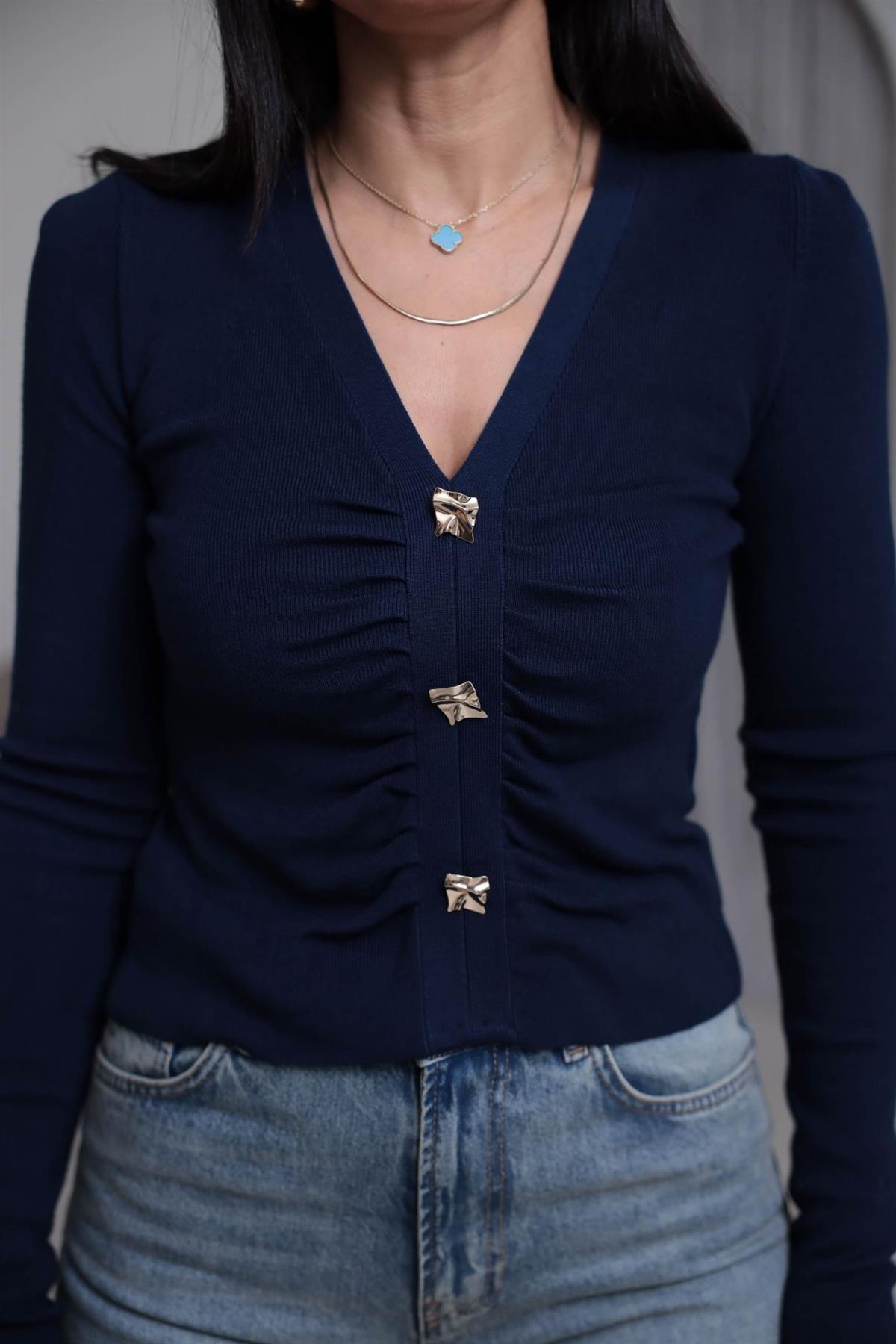 0805 Önü Büzgülü Düğme Detaylı Korsman Triko LACİVERT