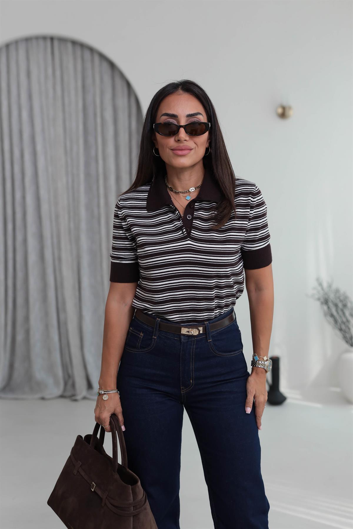 Polo Yaka Çizgili Kısa Kol Korsman Triko ACI KAHVE