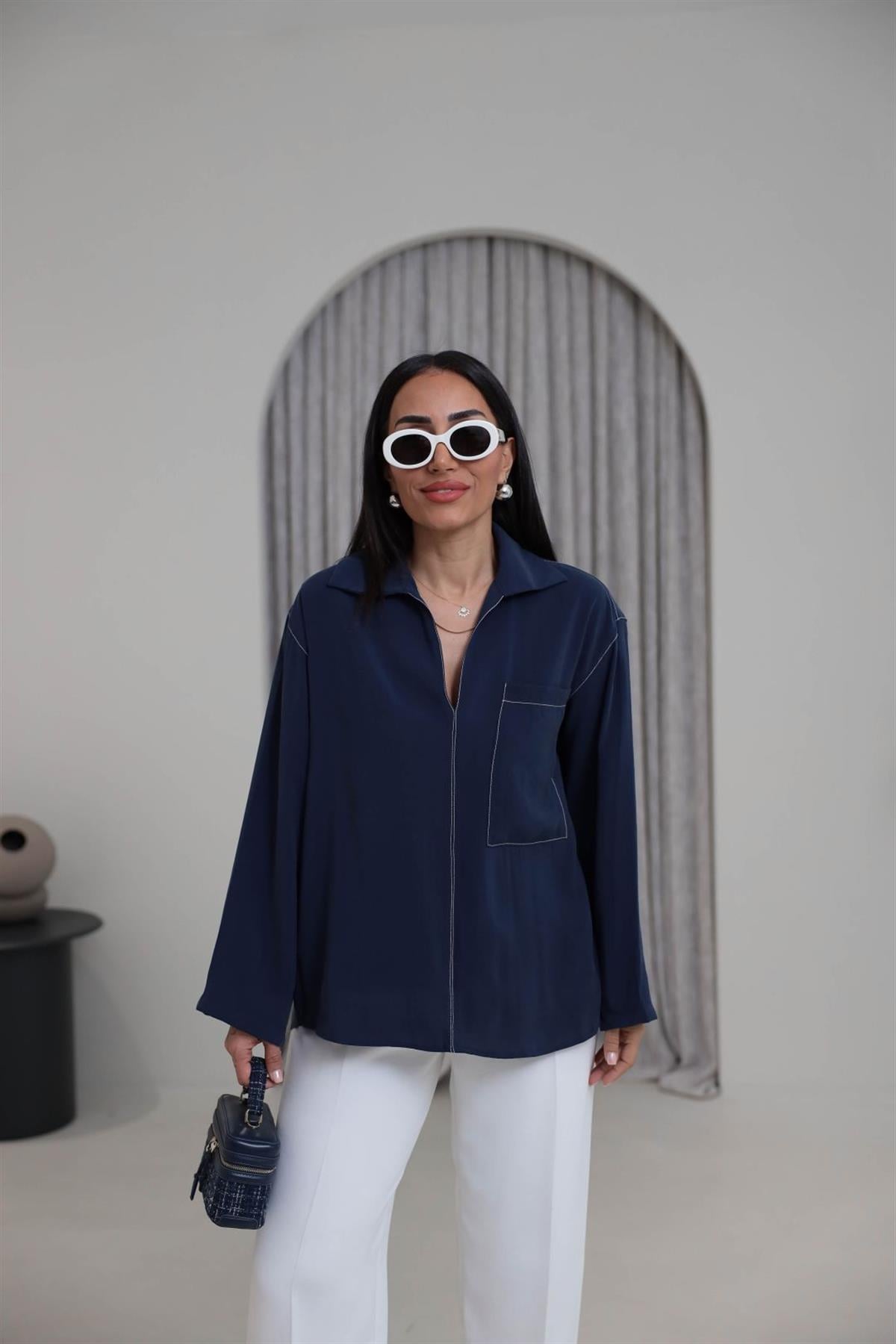 0723 Zincir Dikişli Cep Detay Tencel Gömlek Indigo