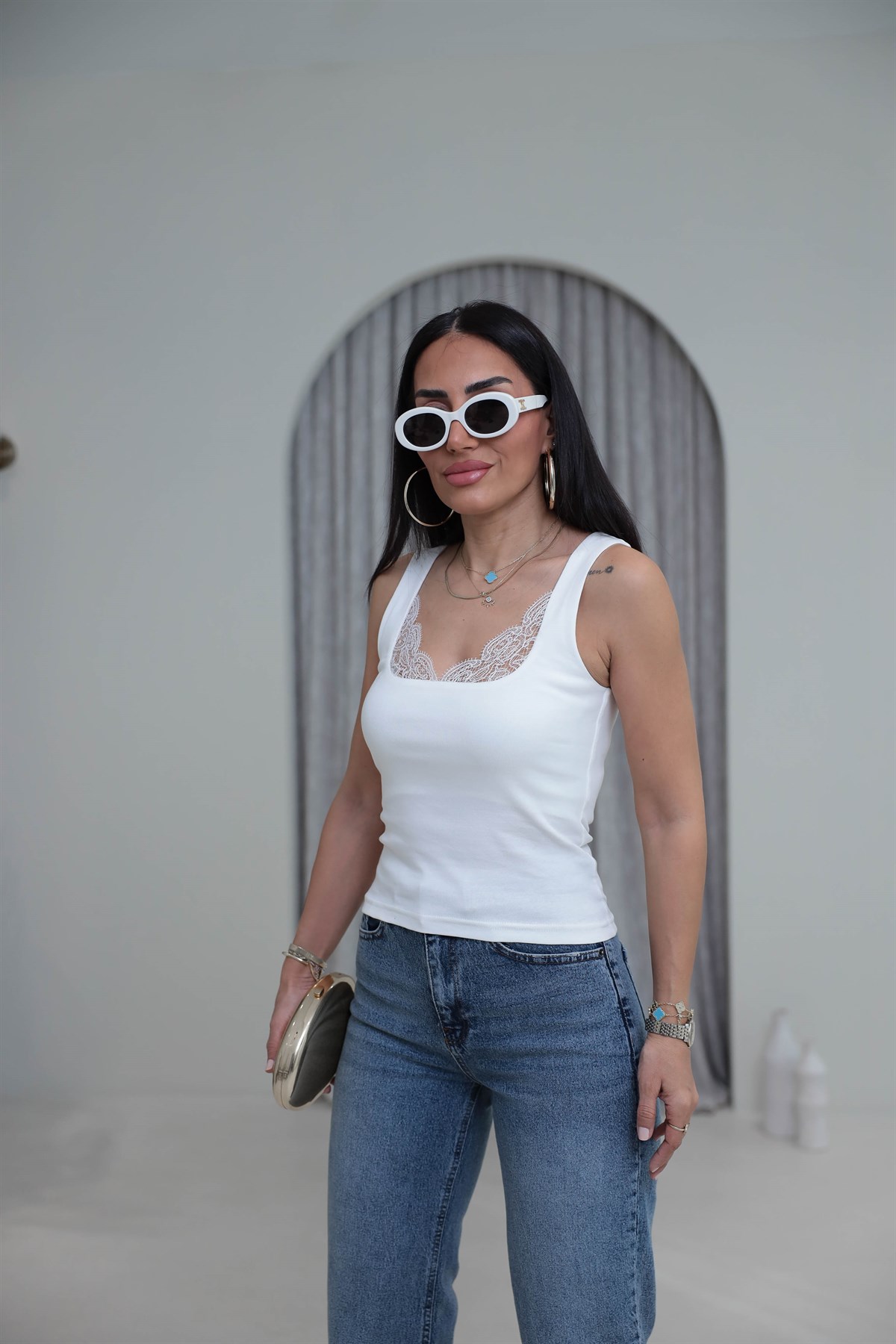 1677 Kare Yaka Dantel Detaylı Çift Kat Atlet EKRU