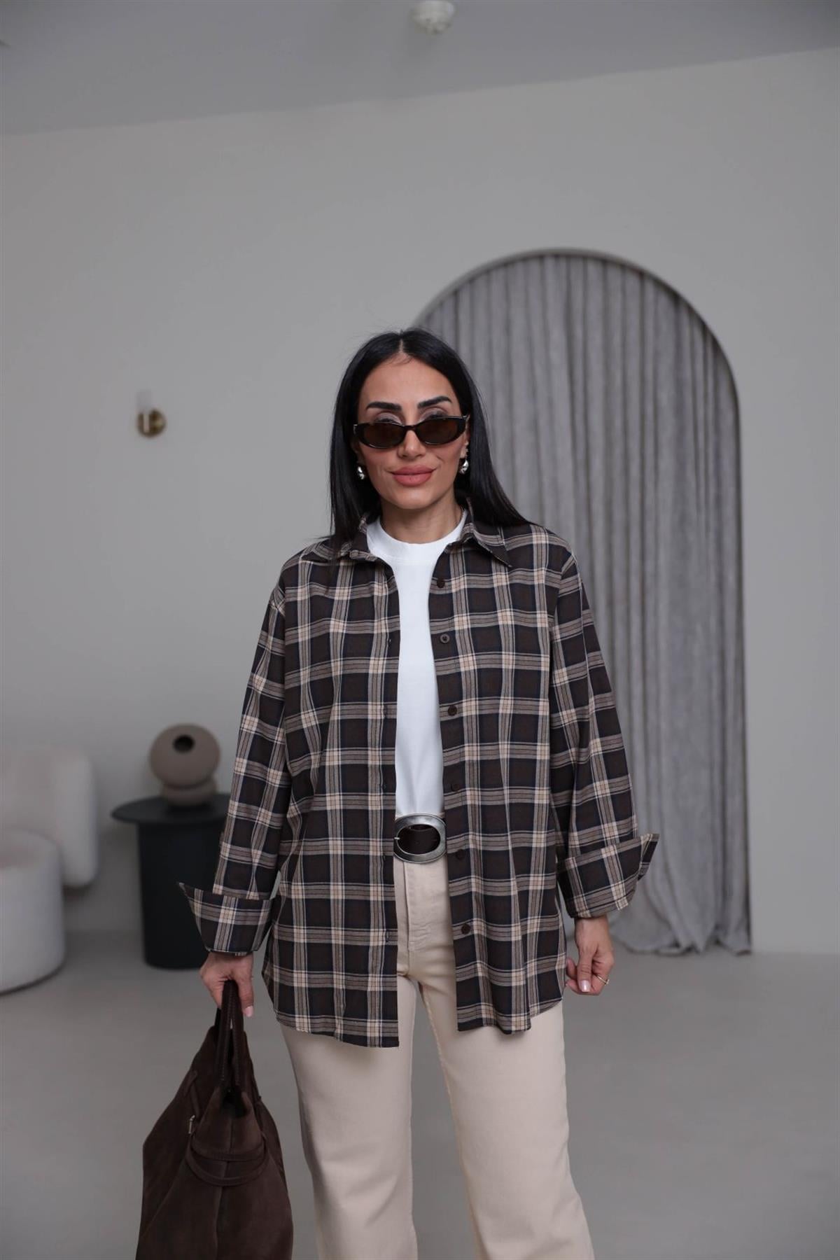 7124 Ekose Desen Pamuklu Oversize Gömlek KAHVE