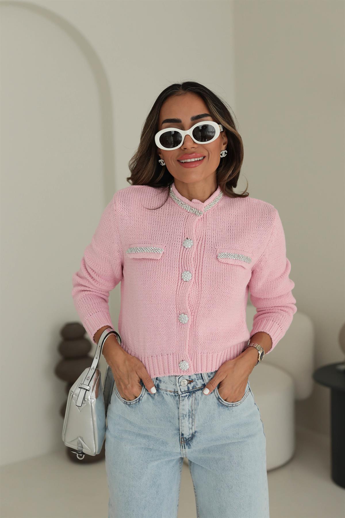 4388 Taş Detaylı Hırka PEMBE