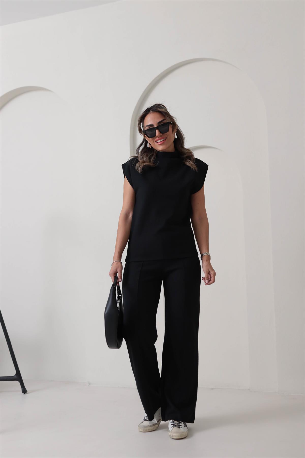 1819 Önü Çimalı Örme Kumaş Rahat Pantolon SİYAH