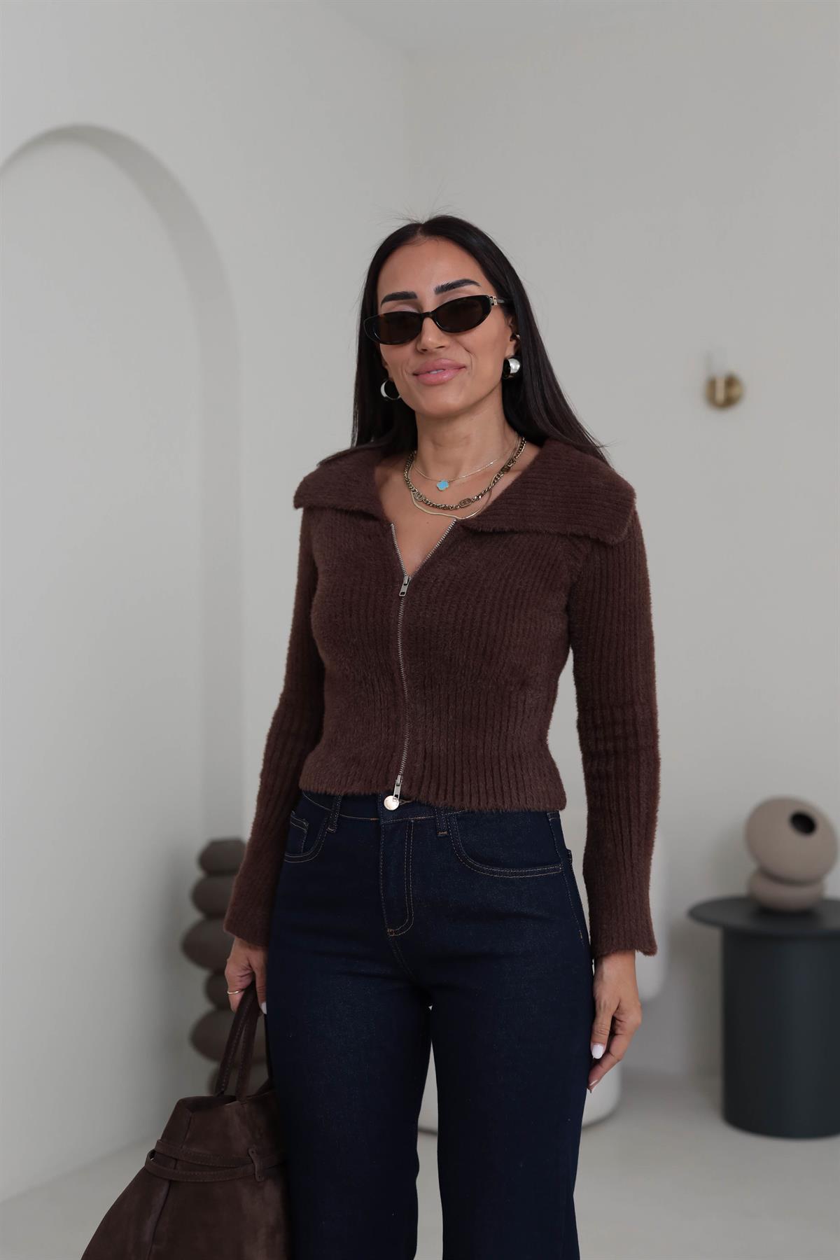 4952 Çift Fermuarlı Kol Yırtmaçlı Triko Hırka Bluz KAHVE