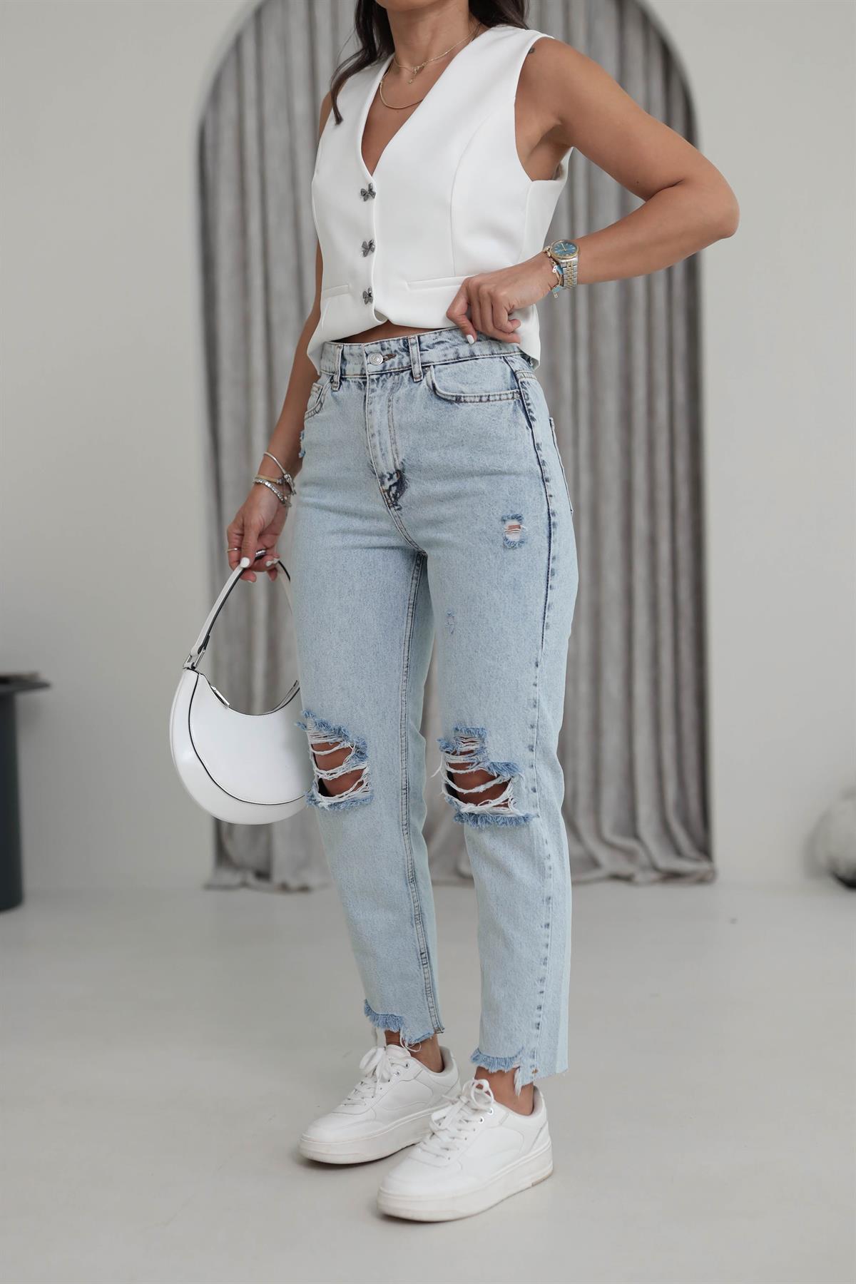 1001 Yırtık Detaylı Mom Jean BUZ MAVİ