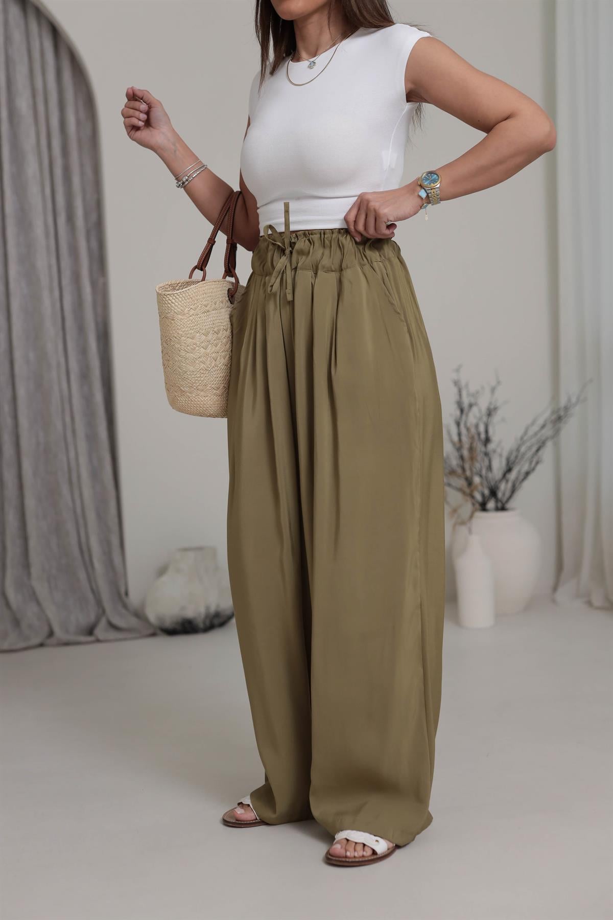 0165 Yüksek Bel Lastikli Bol Paça Tencel  Pantolon HAKİ YEŞİL