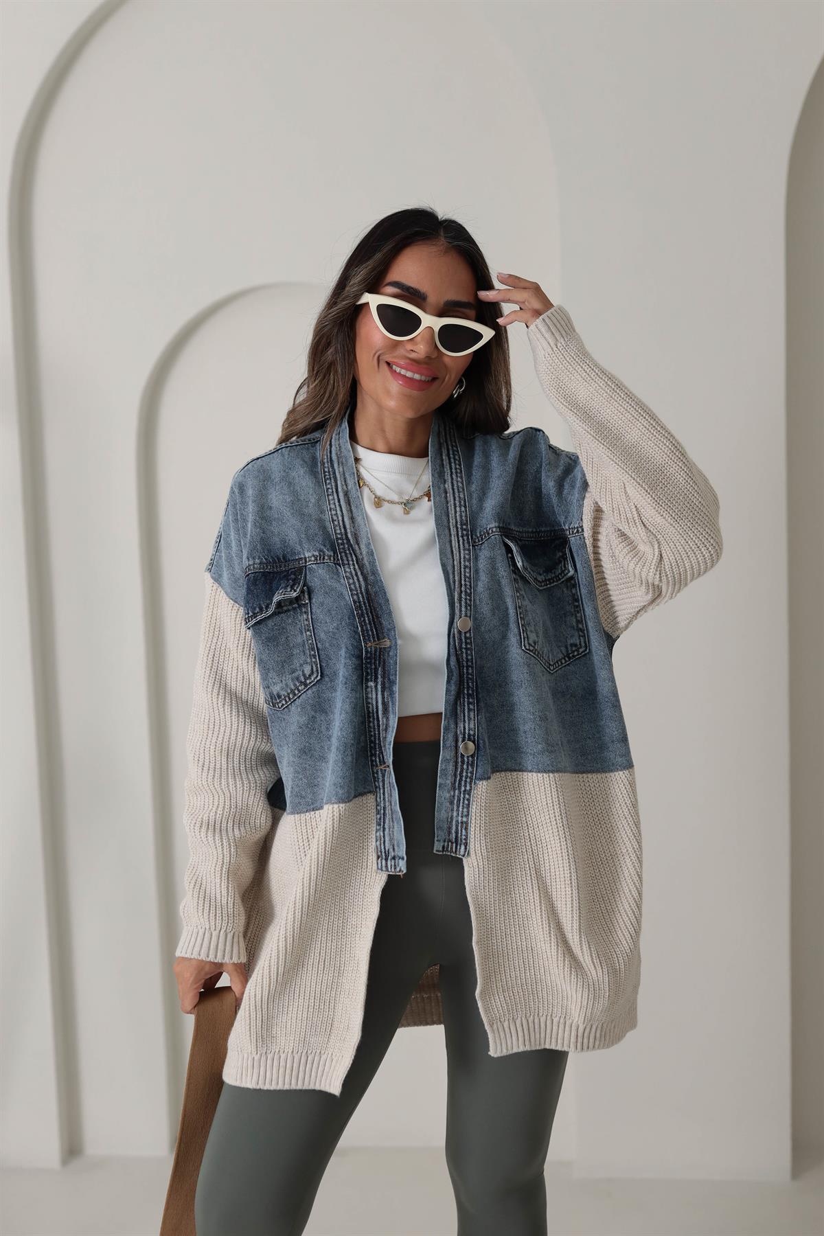 4139 Tasarım Triko ve Kot Garnili Ceket Hırka BEJ