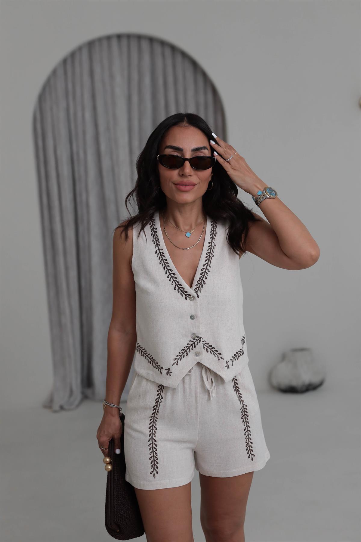 8837 İşleme Detaylı Tencel Keten Yelek & Şort Takım NATURAL