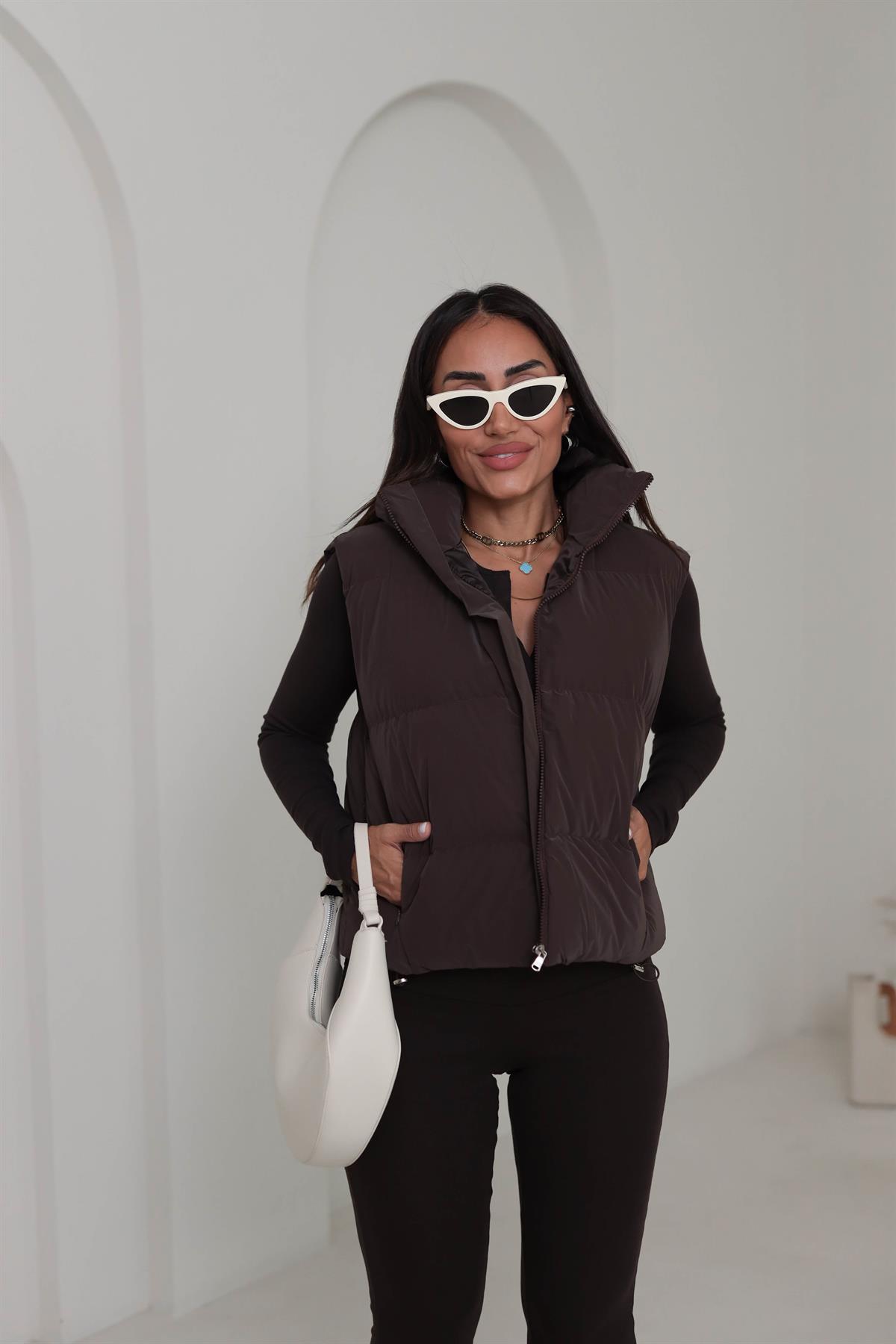 118 Şişme Dik Yaka Yelek KAHVE