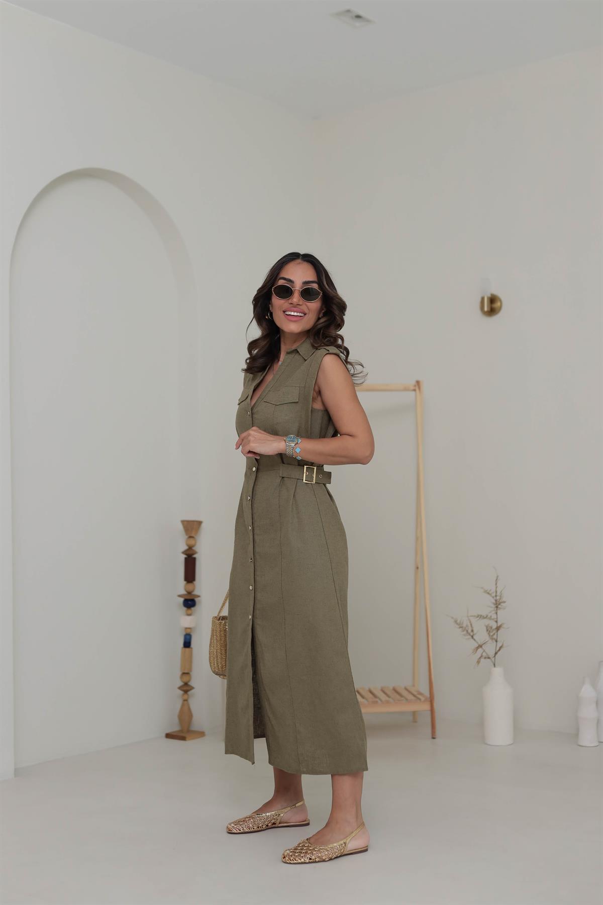 0473 Yanı Tokalı Keten Elbise HAKİ YEŞİL