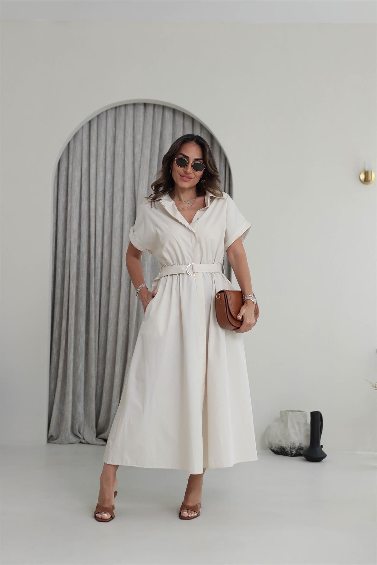 02075 Kısa Kol Kemerli Gömlek Elbise TAŞ