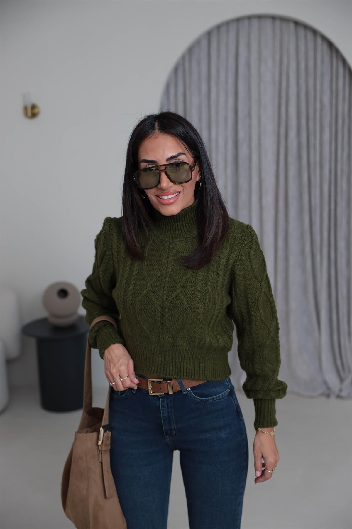 2549 Balıkçı Yaka Örgü Desen Kazak OLİVE