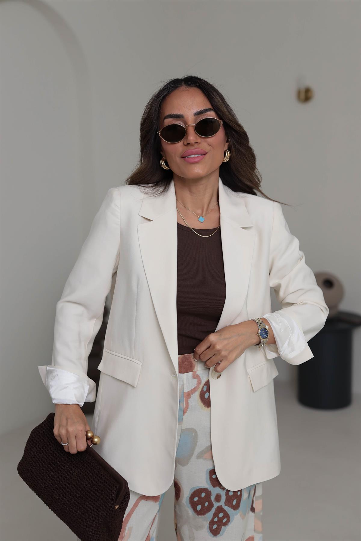 6757 Tencel Tek Düğme Blazer Ceket KREM