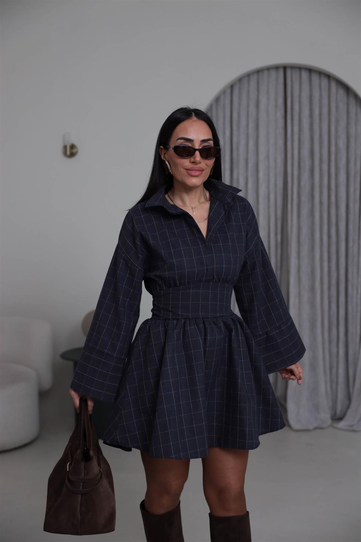 5546 Gömlek Yaka Belden Kuşaklı Desenli Elbise KAHVE