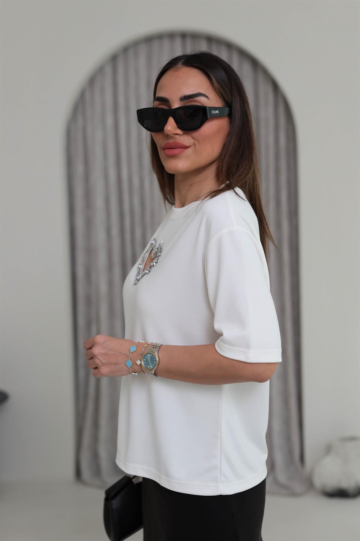 8111 Kalp Dekolteli Taşlı Modal Tshirt EKRU