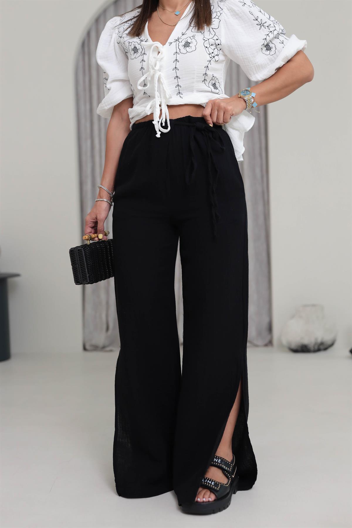 8028 Paça Yırtmaçlı Müslin Pantolon SİYAH