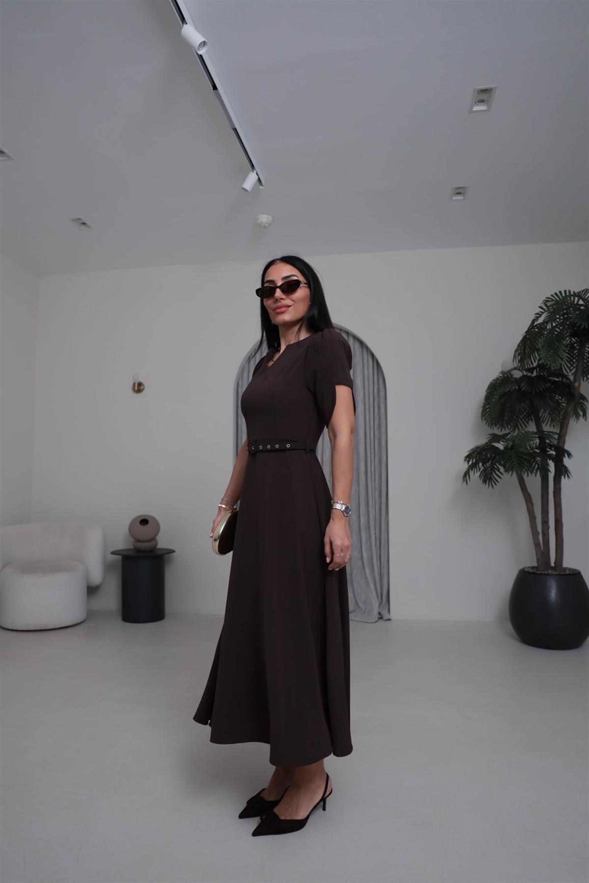 2343 Kemerli Kol Detaylı Kloş Elbise KOYU KAHVE