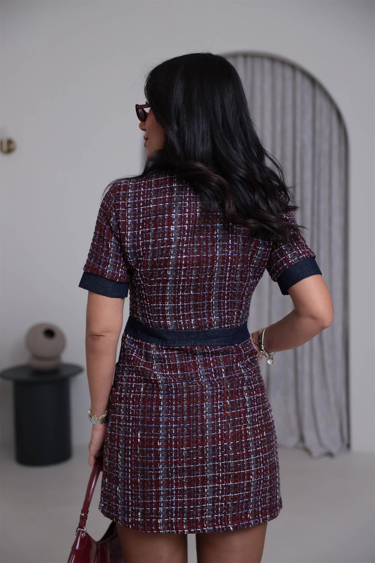 8082 Gömlek Yaka Kot Garnili Tüvit Elbise BORDO