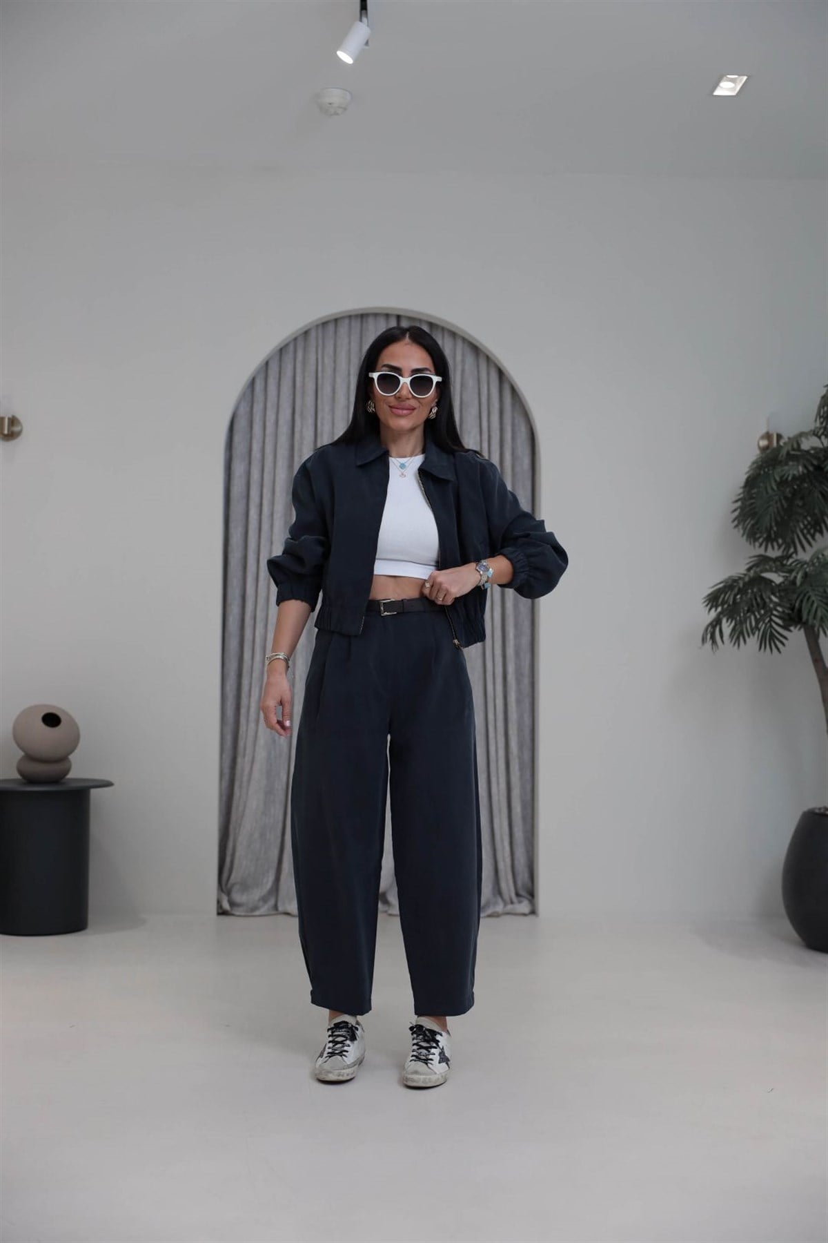 0735 Polo Yaka Bomber Ceketli Tencel Takım ANTRASİT