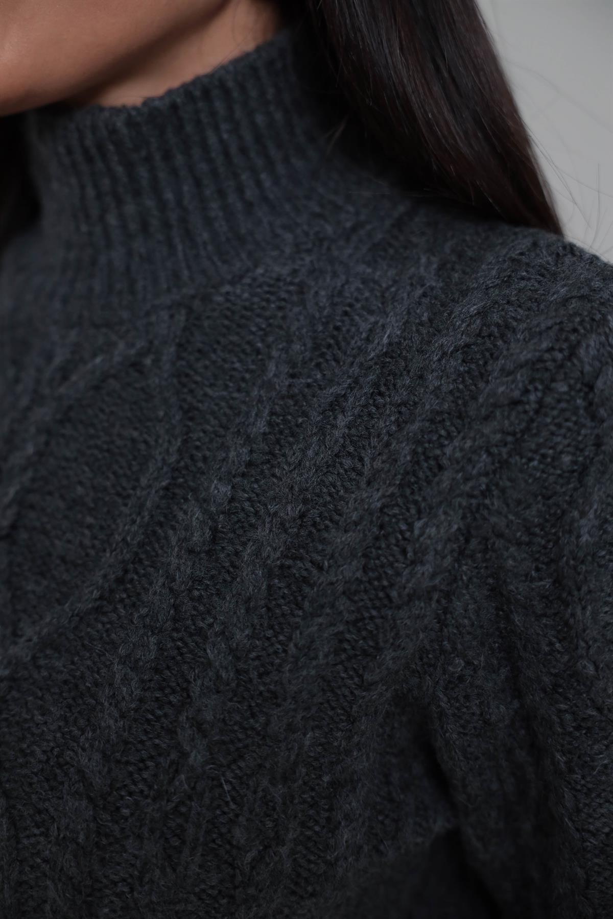 2549 Balıkçı Yaka Örgü Desen Kazak ANTRASİT