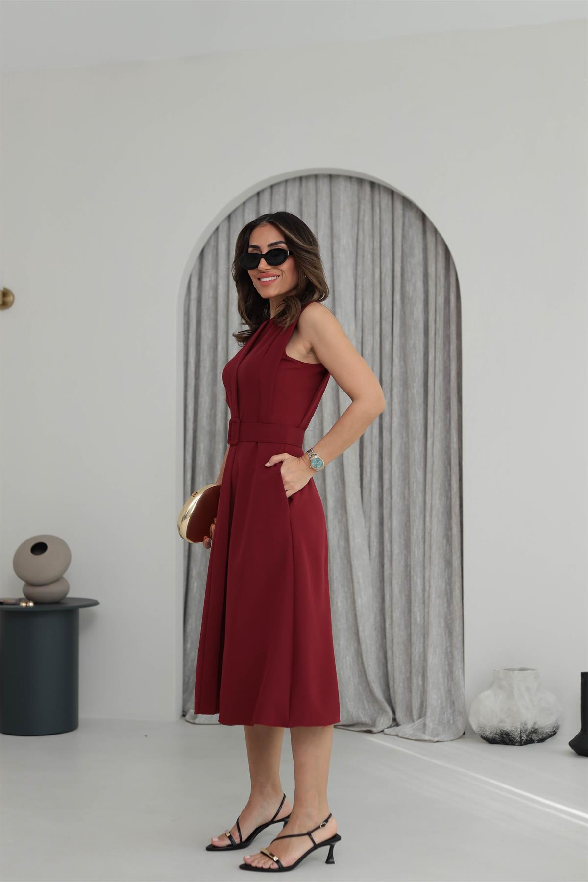 3715 A Kesim Sıfır Kol Kemerli Midi Elbise BORDO