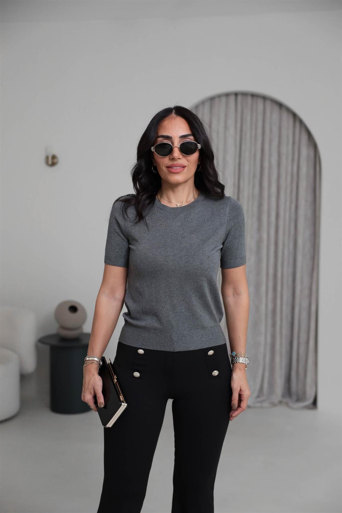 0779 Bisiklet Yaka Kısa Kol Basic Triko Bluz KOYU GRİ